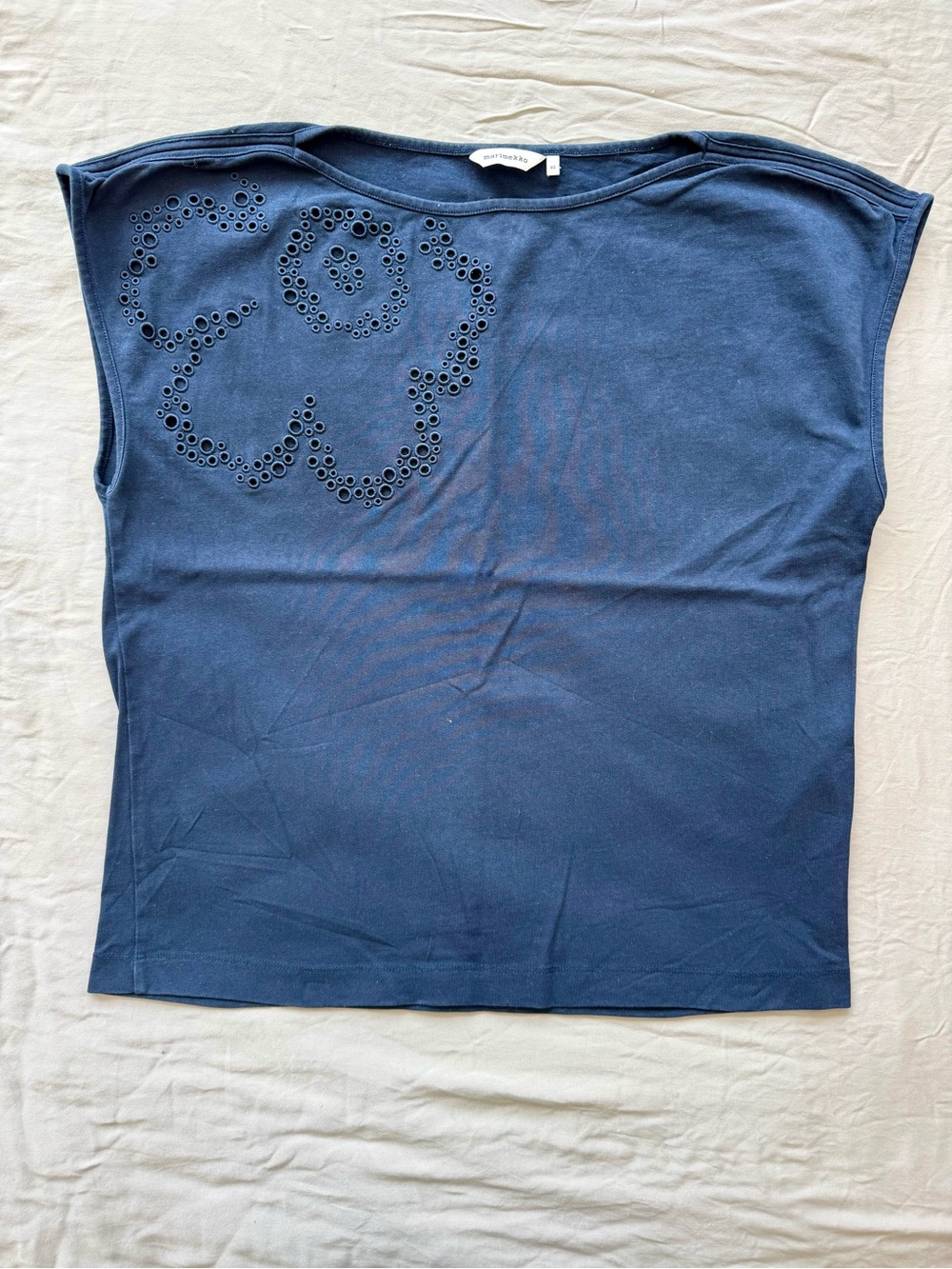 Marimekko Sleeveless Navy Boatneck Top With Perforated Floral Eyelet Detail